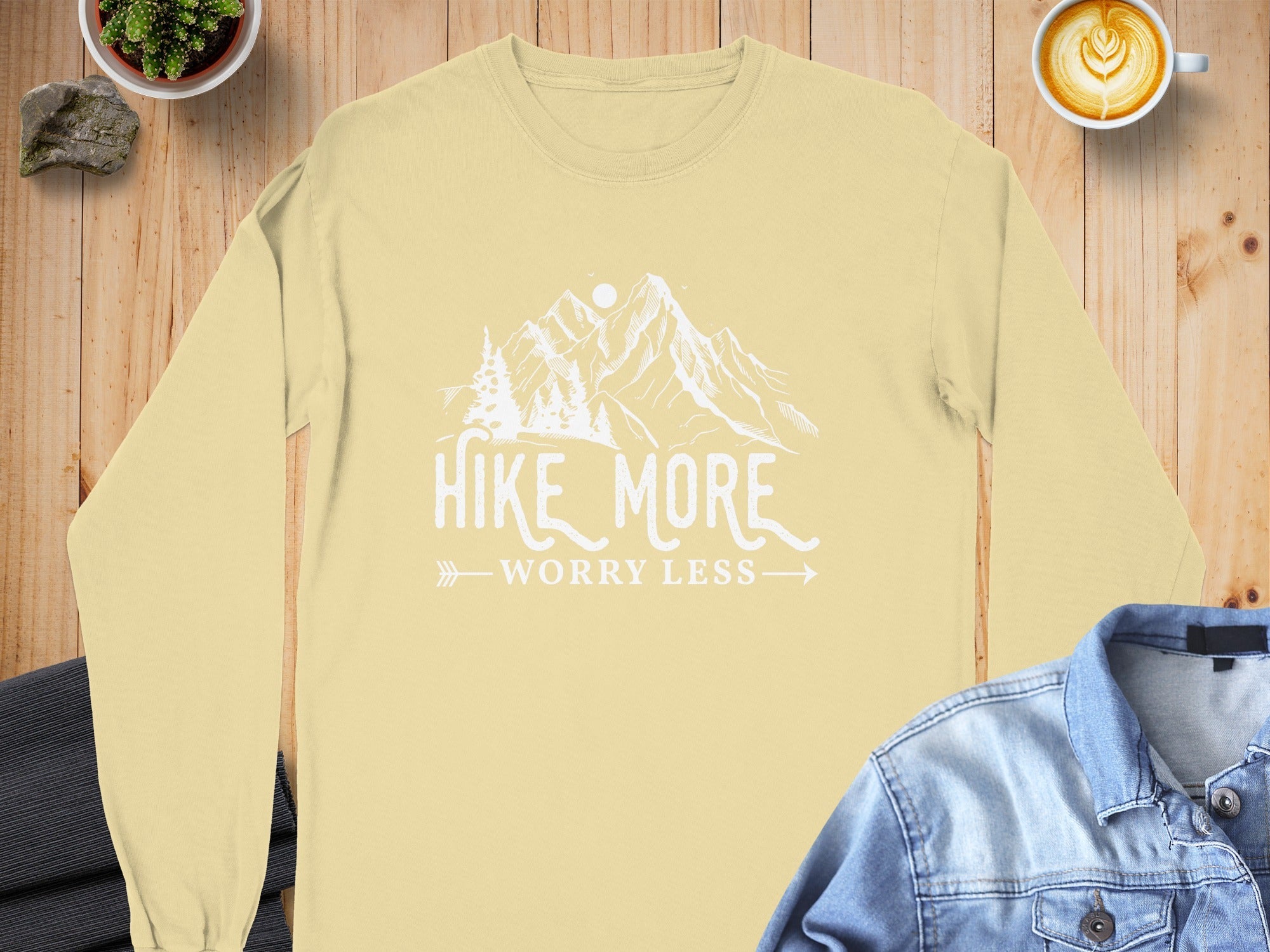 Hike More Worry Less Mountain Design Funny Outdoor Long Sleeve T-Shirt