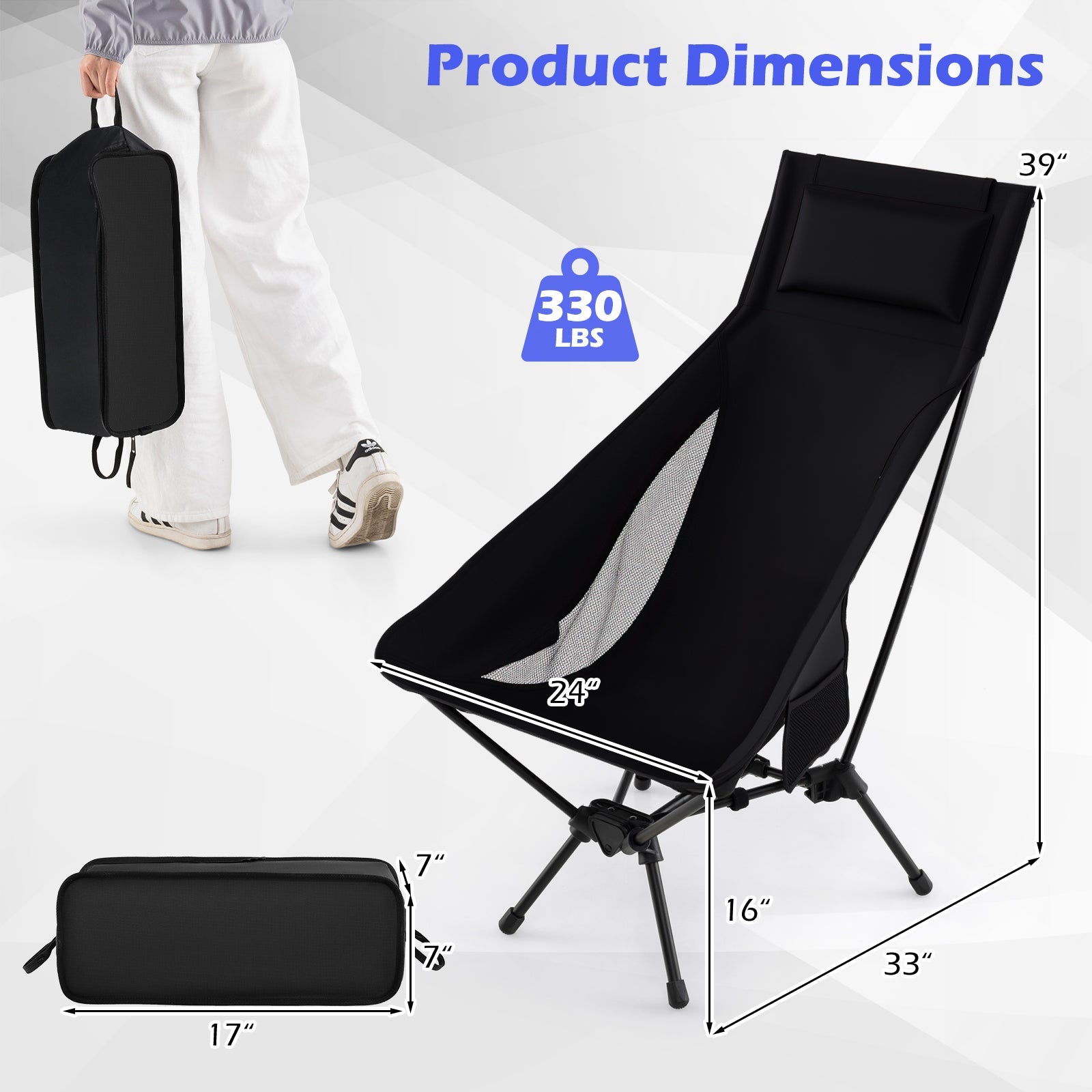 High Back Portable Camping Chair with Compact Carry Bag and Pillow-Black