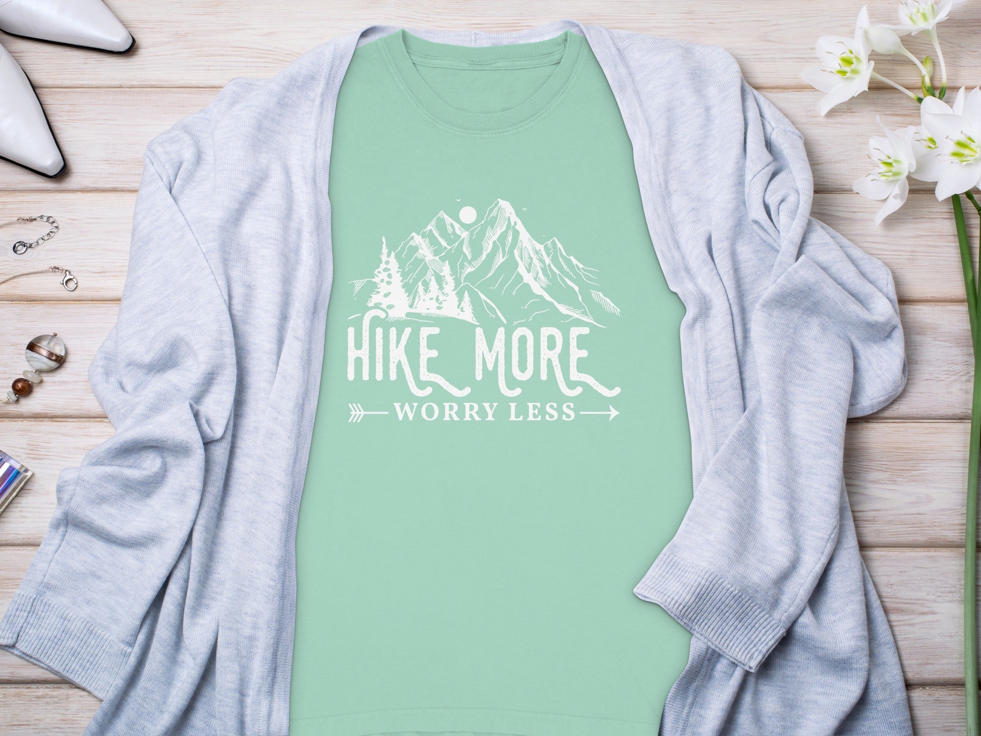 Hike More Worry Less Mountain Design Funny Outdoor Long Sleeve T-Shirt