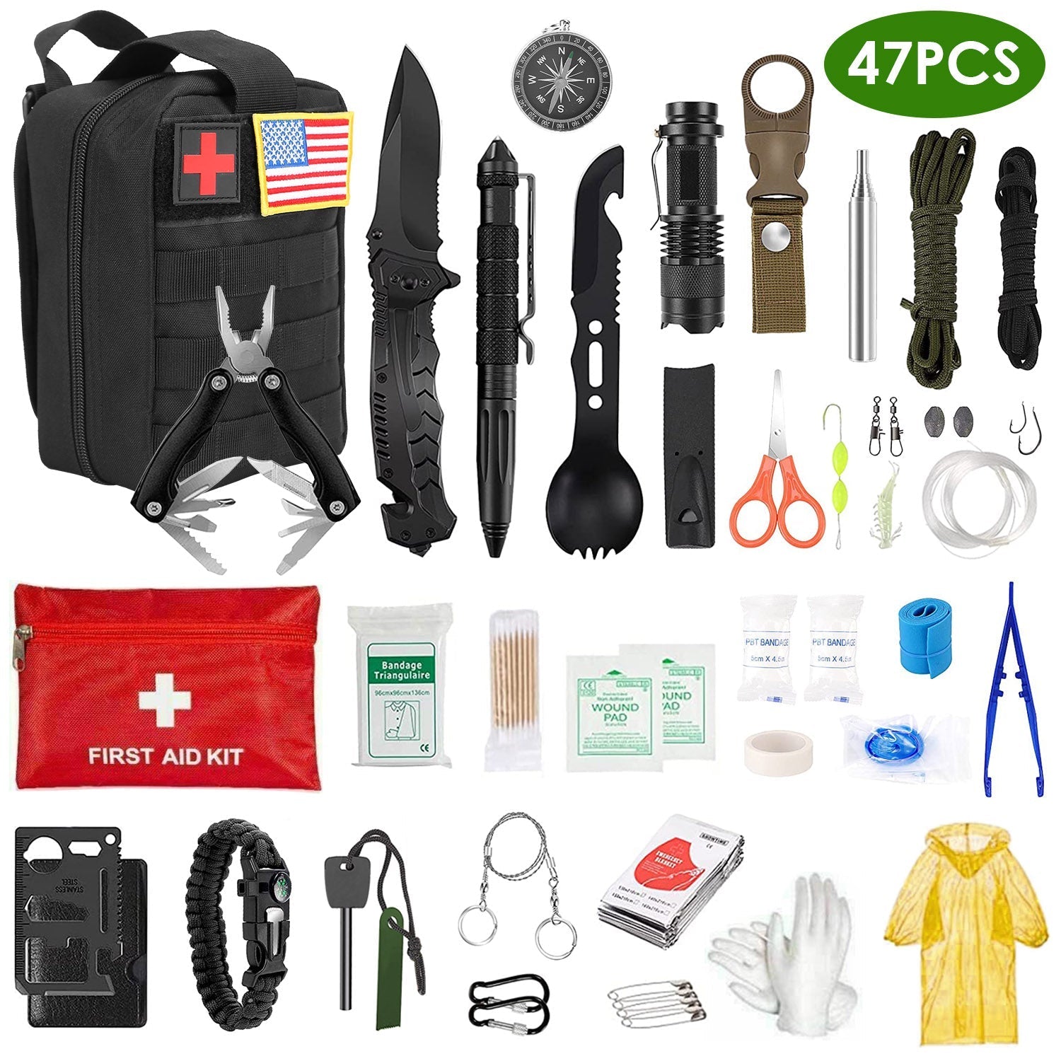 47Pcs Emergency Survival Kit Survival EDC Gear Equipment Tool First Aid Supplies Kit Tools with Pouch for Hiking Hunting Disaster Camping Adventure