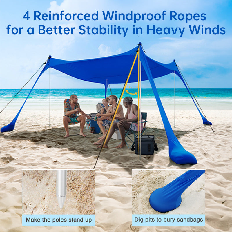 Family beach tent, large pop-up parasol, beach shelter, sun shade. Stable poles with portable carry bag. Outdoor shade.