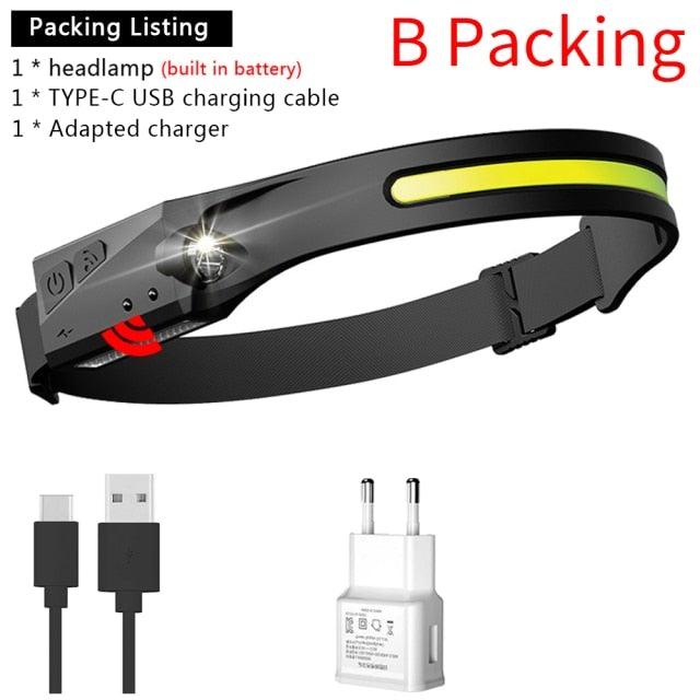 Adjustable Rechargeable LED Induction USB Headlamp  Lightweight Head Lamp Head Torch 5 Lighting Modes Flashlight   For Camping Hiking Running Outdoor Adults Kids