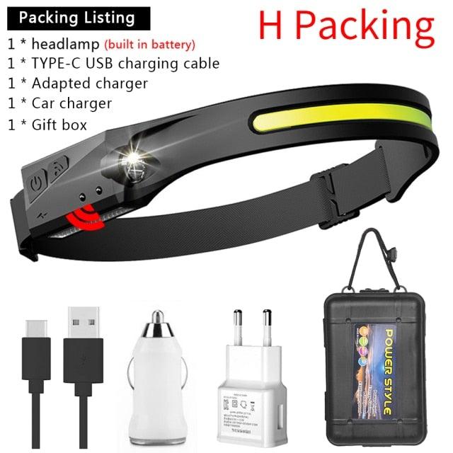 Adjustable Rechargeable LED Induction USB Headlamp  Lightweight Head Lamp Head Torch 5 Lighting Modes Flashlight   For Camping Hiking Running Outdoor Adults Kids