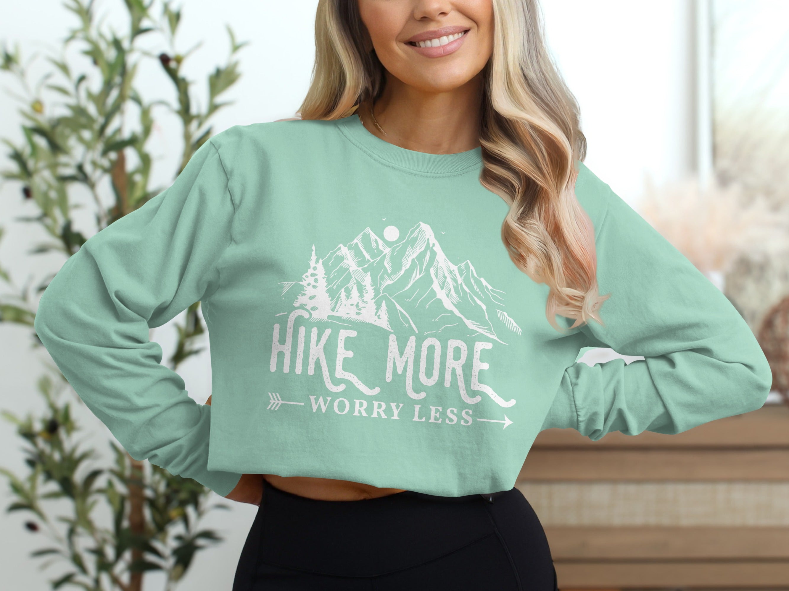 Hike More Worry Less Mountain Design Funny Outdoor Long Sleeve T-Shirt