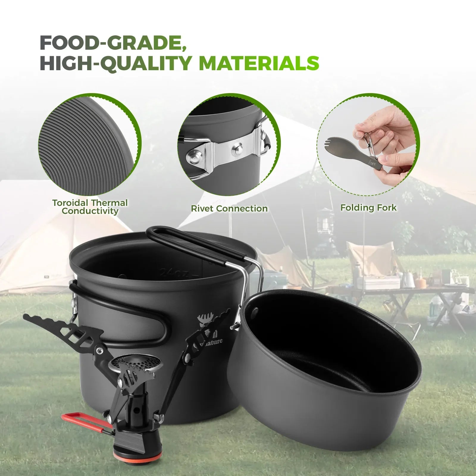 Ultra-Light Aluminum Camping Cookware Set with Nestable Design Handle